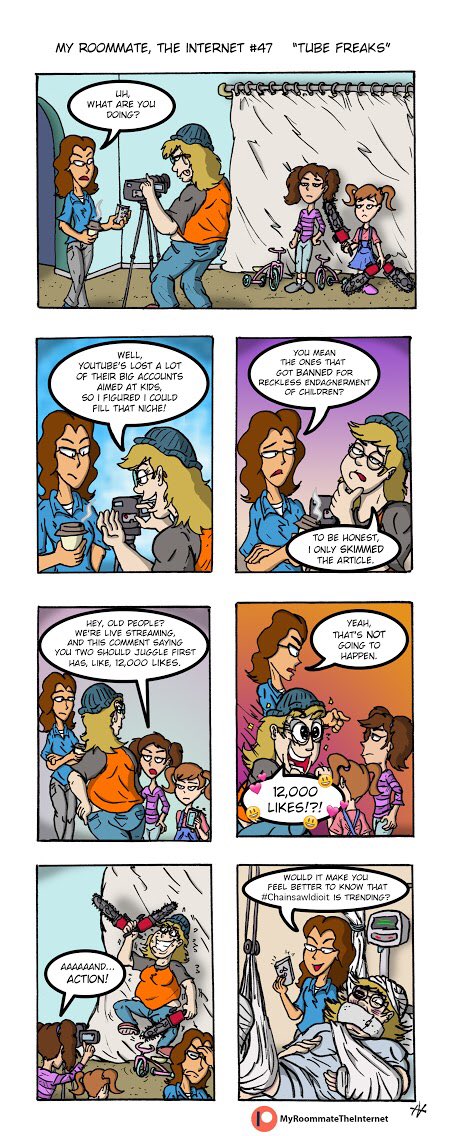AndyNordvall's tweet photo. “Tube Freaks”
*
Can you find the typo in the last frame?
*
#webcomics #webcomic #comics #comix #comic #IndyComics #comicstrip #cartoon #ToyFreaks #banned #YouTube #DaddyofFive https://t.co/X2mpPv7I7b