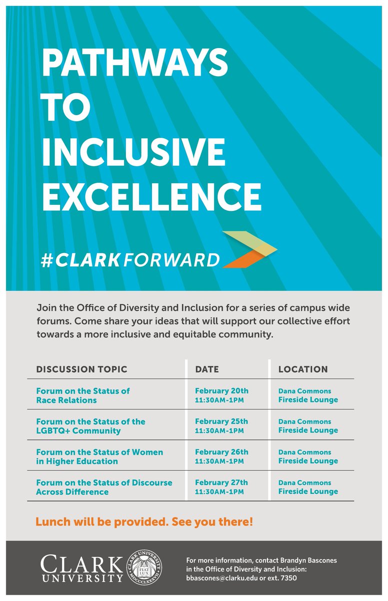 cu_odi's tweet image. Join the Office of Diversity and Inclusion for a series of campus wide forums. Come share your ideas that will support our collective effort towards a more inclusive and equitable community! Lunch will be provided. #ClarkForward .