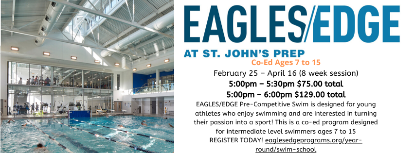 EaglesEdgeSJP's tweet photo. EAGLES/EDGE Swim School presents another session of our Pre-Competitive Swim Stroke School. Check out our swim lessons as well! Feb 25 - April 16th 2 day options available. https://t.co/48uj3Ebh1R

@sjpathletics @stjohnsprep https://t.co/7pFyRbDb2D