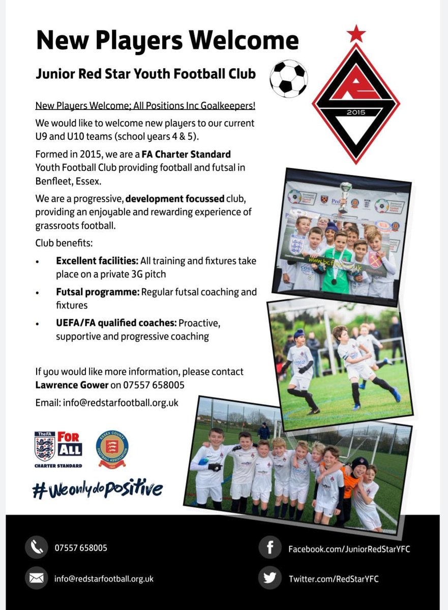 Year 4 and 5 players to join the Junior Red Star family for the next season. We are all committed to develop players on their football journey, while they are having fun!Please contact us below or on here. 
#weareredstar <a href="/EssexCountyFA/">Essex County FA</a> #SquadBooster