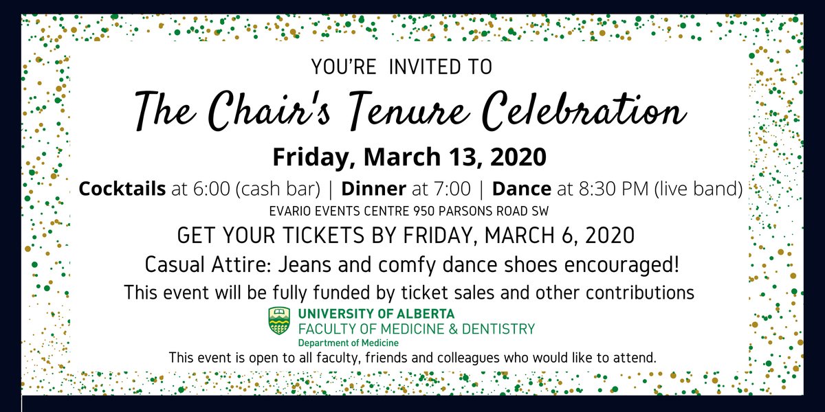 UAlberta_DoM's tweet image. Delicious food, dancing, and a LIVE BAND! You don't want to miss the Chair's Tenure Celebration on Friday, March 13! Get your tickets and come celebrate Dr. Ballermann's time as the DoM Chair! For tickets visit: ow.ly/unBe50ycfPr #ualberta #ualbertadom #uablertafomd