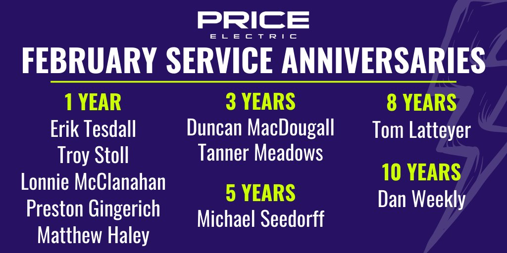 price_electric's tweet photo. Congratulations to the #TeamPrice employees celebrating work anniversaries this month! ⚡ Thank you for all you do and striving to make our customer's lives easier each day!

Interested in joining our team? Visit https://t.co/56pXqHdALr to learn more.

#recruitment #skilledtrades https://t.co/Z7LNVdmY7e