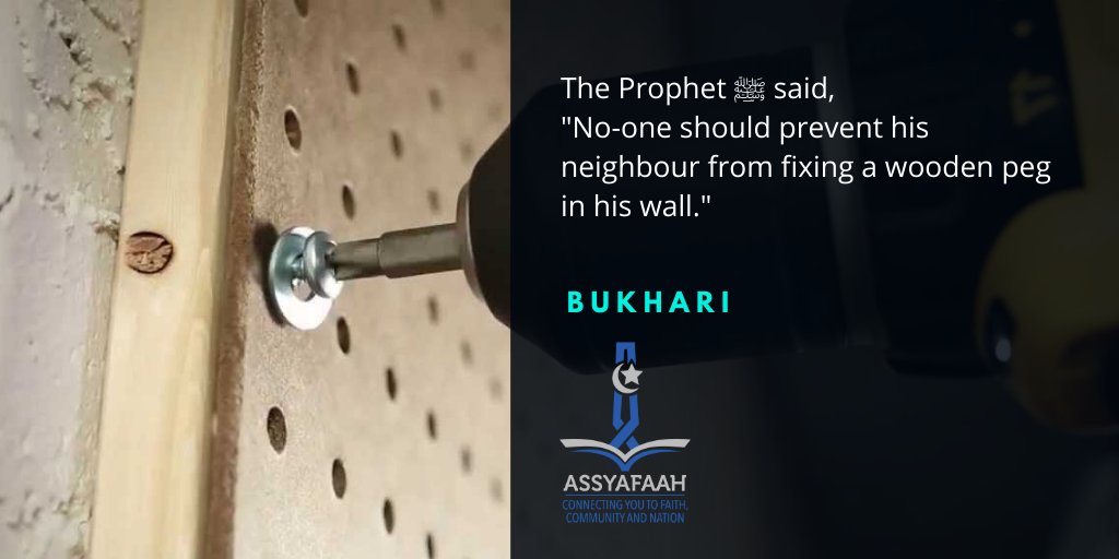 The Prophet ﷺ said, "No-one should prevent his neighbour from fixing a wooden peg in his wall." (Bukhari)

Subuh(05:58), Zohor(13:21) Asar(16:38) Maghrib(19:22) Isyak(20:33)

#PrayerTime #Singapore #Hadith #Wisdom #DailyQuote #Islam