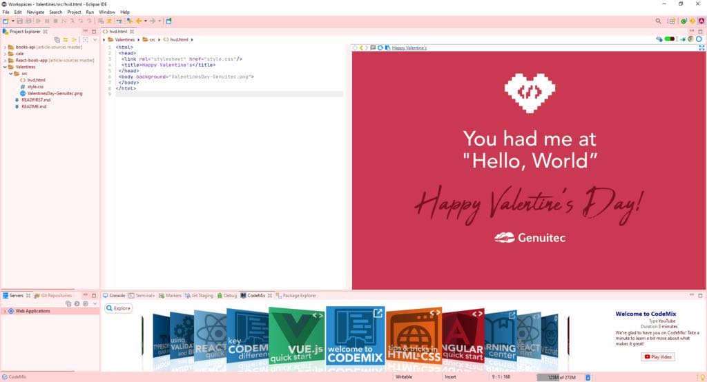 Genuitec's tweet image. Coding with a romantic mood 😍 Happy #ValentinesDay2020 programmers! --- We customized our workspace with #DevStyle