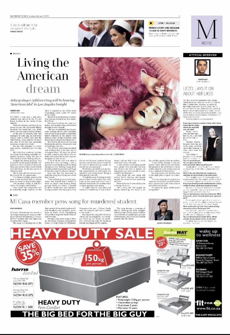 #Entertainment: SA musician <a href="/AshlinnGray/">Ashlinn Gray</a> to perform in front of some of her music idols, such as Katy Perry, Lionel Ritchie and Luke Bryan, in the new season of #AmericanIdol [also] #ATYPICALINTERVIEW: @SamNaik01 asks Liezel van der Westhuizen some offbeat questions #SatStar