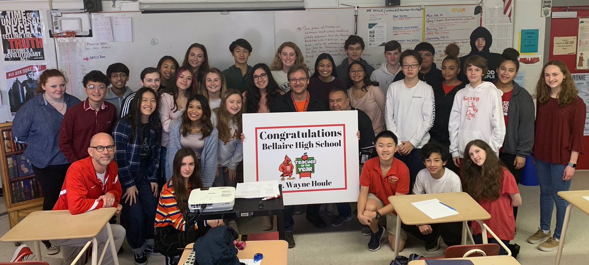 BellaireHigh's tweet photo. Congrats to our 2020 Teacher of the Year, Wayne Houle!  A strong teacher in the classroom, he has developed in to an influential leader among his peers. Whether with his ELLs or his AP kids, he brings World Hist alive.  P.S. Today is also his birthday! #CardinalProud 🎂😊🎉 https://t.co/1EvrACKdyY