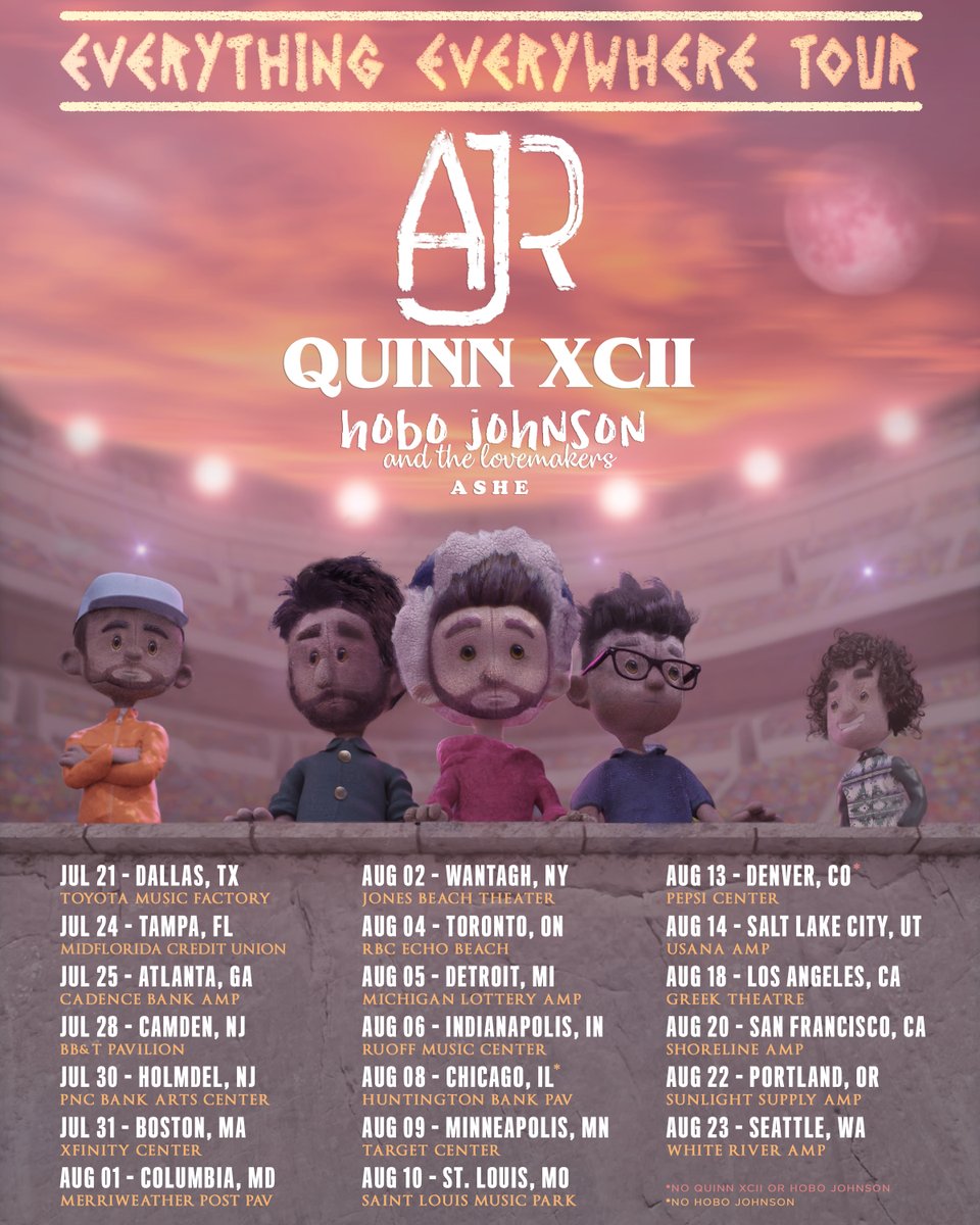 AJRBrothers's tweet image. AJR • QUINN XCII • HOBO JOHNSON. THE EVERYTHING EVERYWHERE TOUR. On sale 2/21