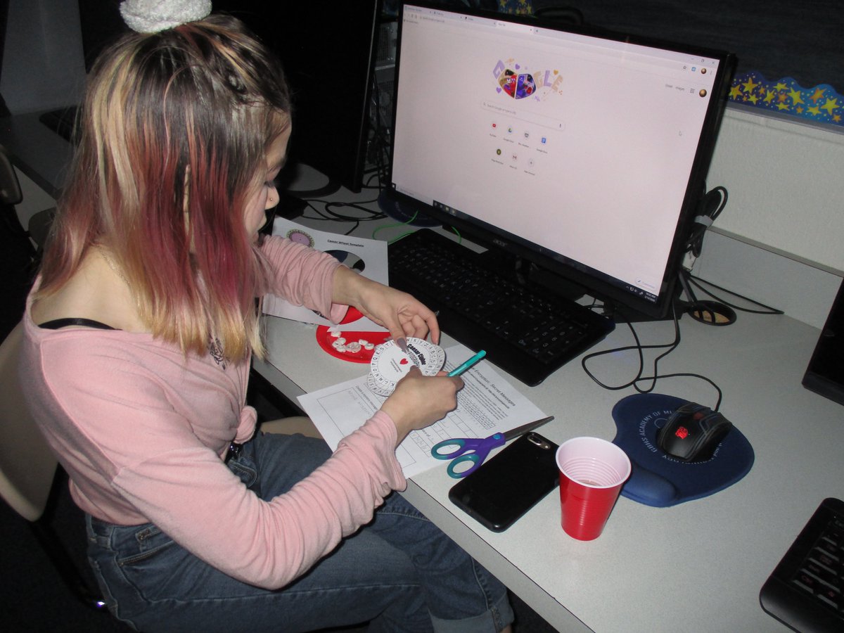 DigiFroe's tweet photo. My students are creating Caesar Cipher Cryptography wheels and encrypting a Valentine's message on a card they made for someone special.  @codeorg @NCWITAIC @SRC_Teach https://t.co/DrUGRc94mE
