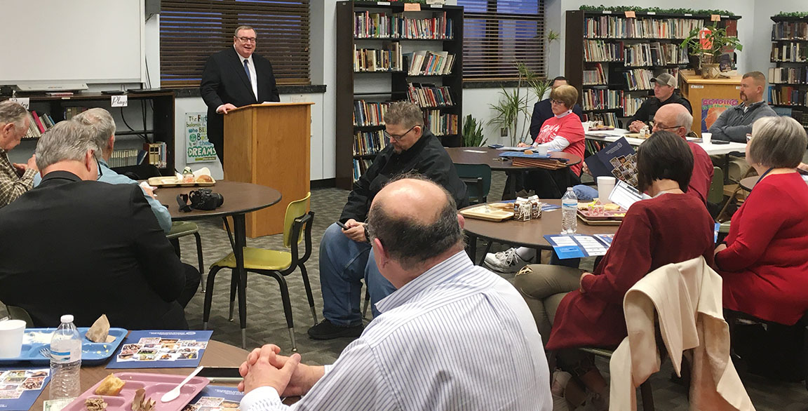 OKHigherEd's tweet photo. Chancellor Johnson speaking this morning about the value and priorities of #okhighered at the Lincoln Co. Legislative Breakfast with Rep. Kevin Wallace @WallaceDynakw and Sen. Chuck Hall. Thanks for the hospitality! https://t.co/qKuvRrNK6r