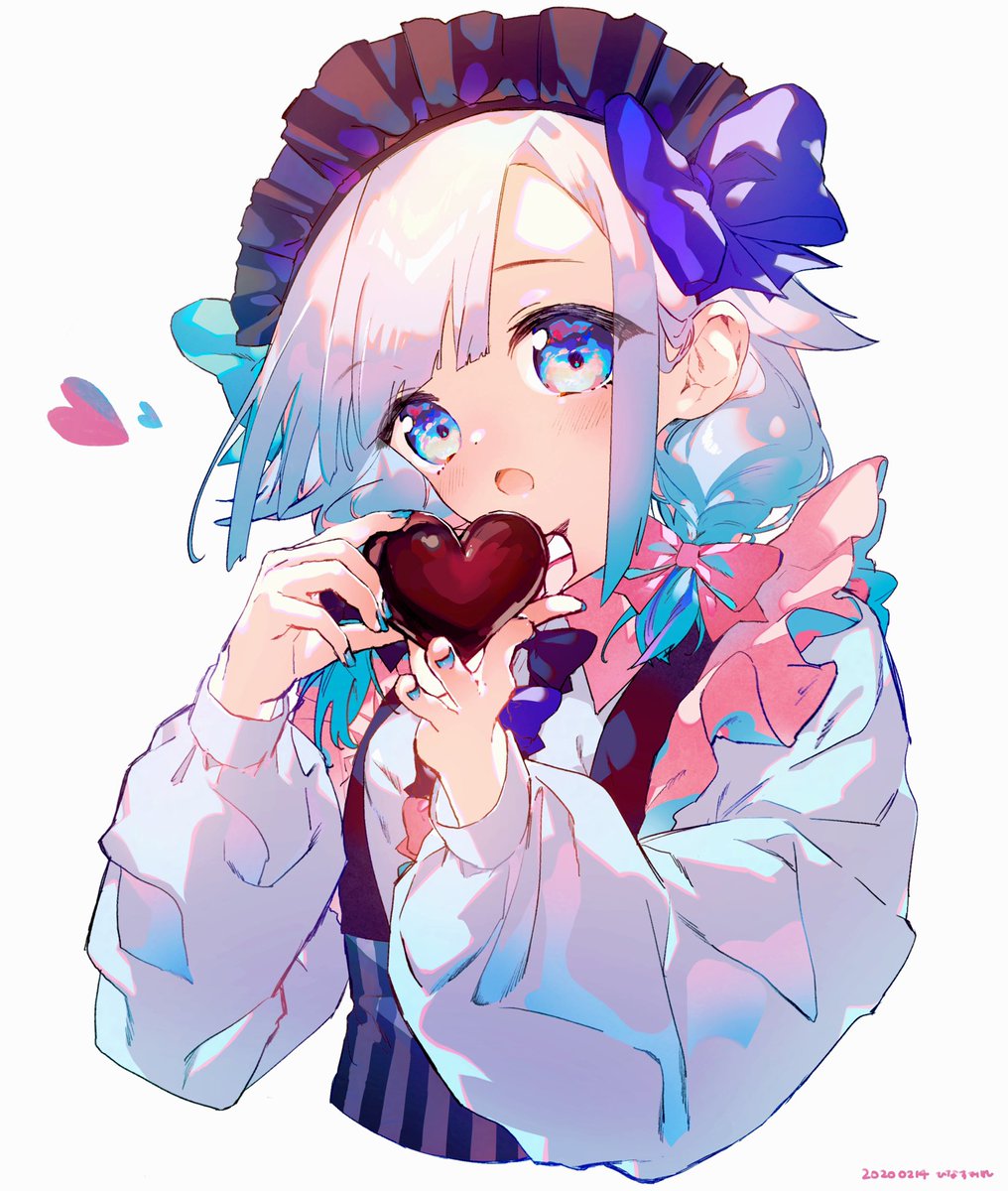 solo heart 1girl food candy blue eyes long sleeves  illustration images