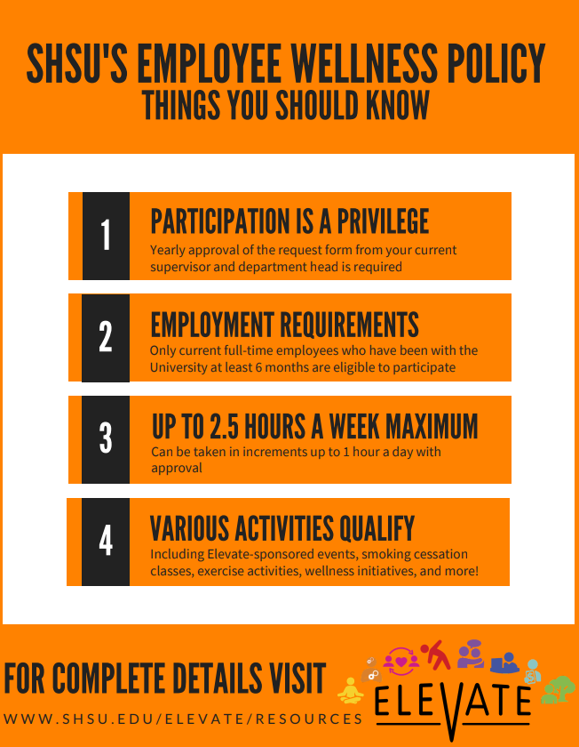 Did you know you can take up to 2.5 hours a week to participate in wellness activities? And, that these activities need not always be exercise? Check it out below and go to shsu.edu/elevate/resour… for more info! #shsuwellness #elevate #SHSUStaffCouncil #shsu