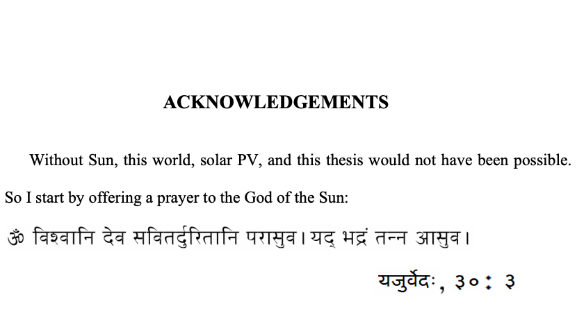 太陽光発電の論文を書いたインド系の学生 冒頭の謝辞でいきなりサンスクリット語で太陽神へ祈りを捧げる 科学と宗教が共存してる Togetter