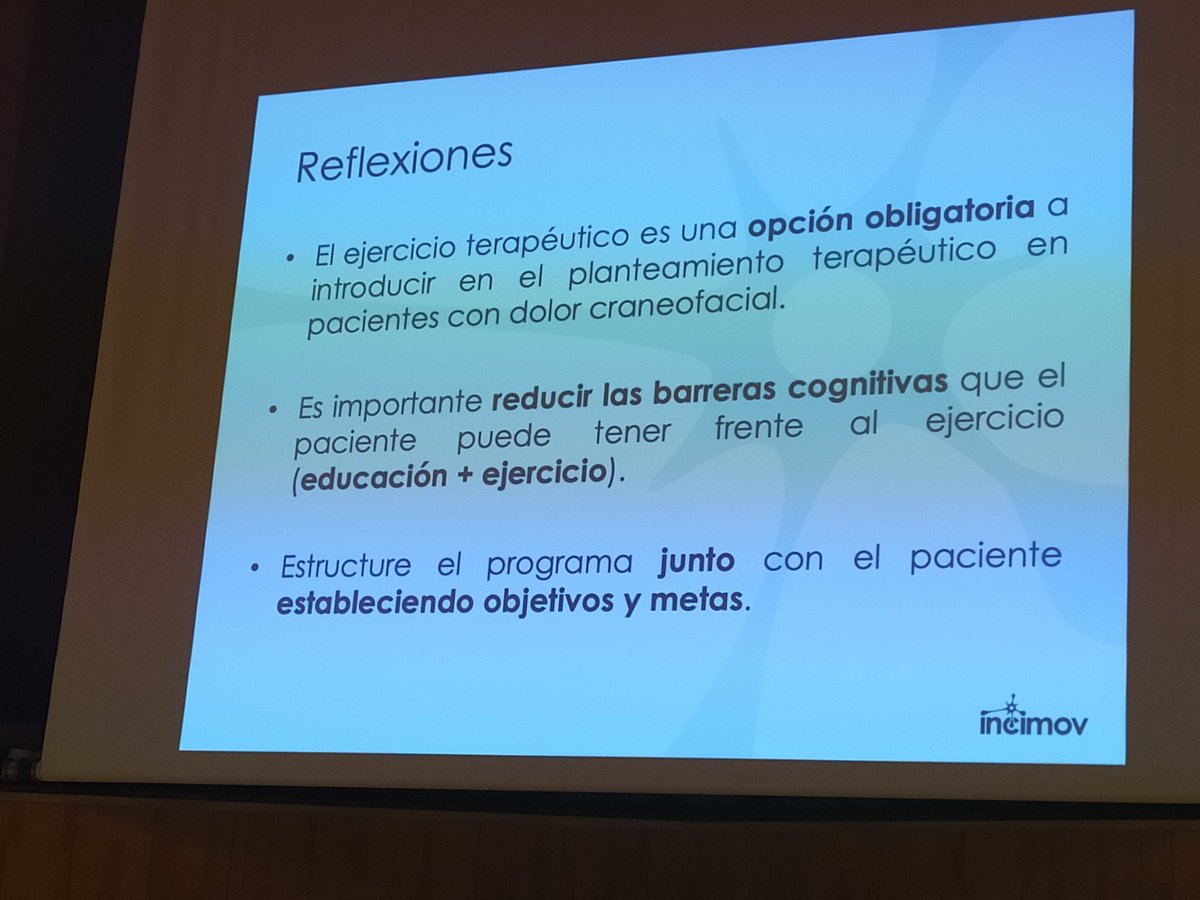 Reflexiones sobre ejercicio en pacientes con dolor craneofacial:
1- El ejercicio es una opción obligatoria.
2- Considerar las barreras cognitivas.
3- Establecimiento colaborativo de objetivos.
@Sefid_edupain @fisioaragon #VCongresoFisioterapiayDolor