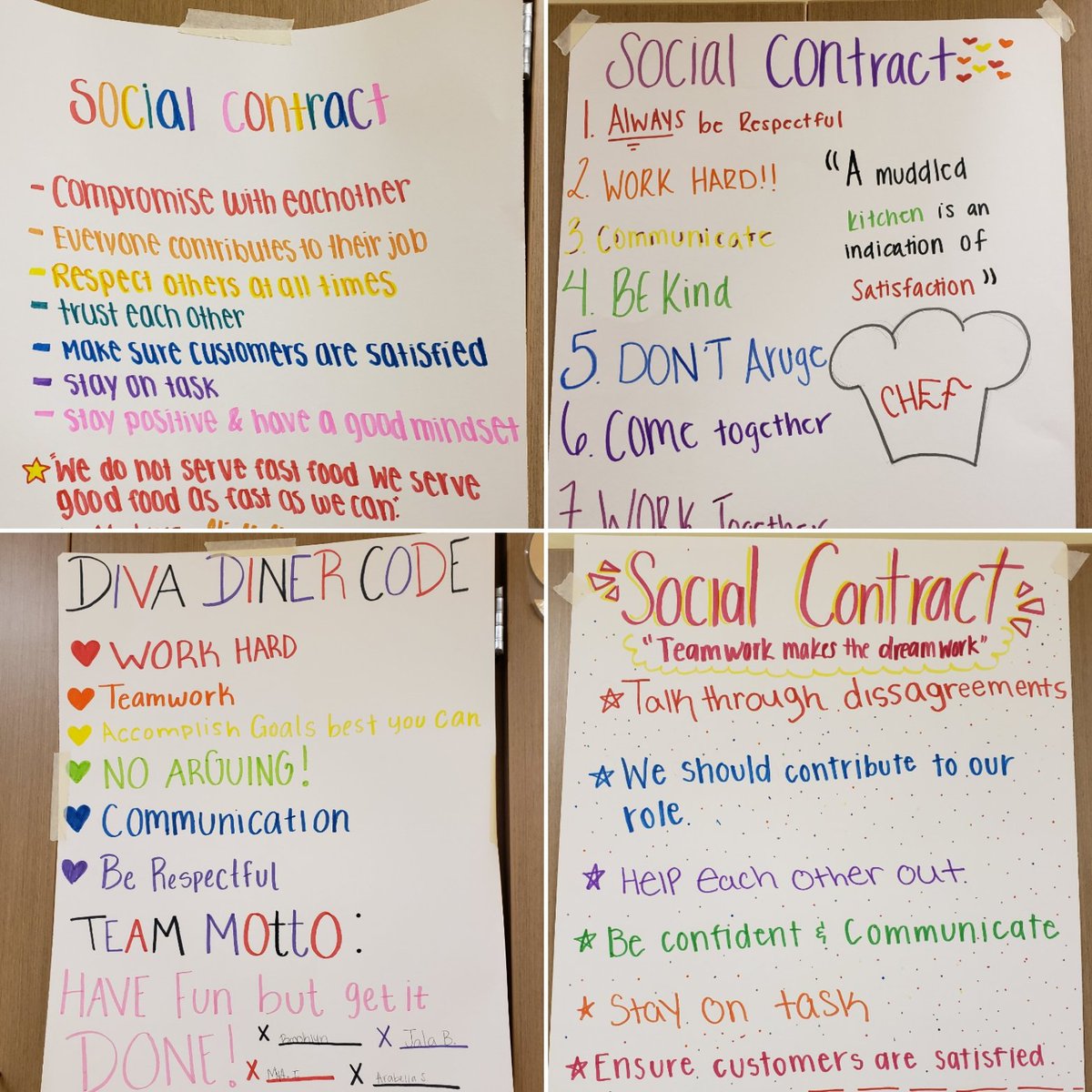 PHS students made social contracts to kick off their first official day as a Restaurant Wars team! @MCJHGators @simmons_kaya #MaydeByPHS #MCJHRestaurantWars #socialcontracts #teamworkmakesthedreamwork