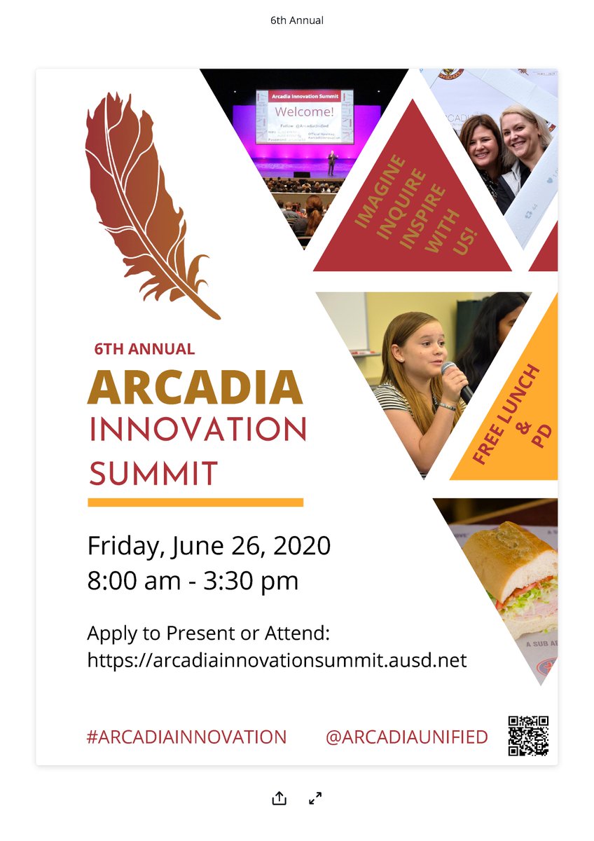 Spread the word, FREE PD 6/26/2020! #Arcadiainnovation Summit Registration is open:
bit.ly/arcadiainnovat… 

Call for presenters: 
bit.ly/AISPresenterApp

Keynote announcement next Friday 2/21! You will not want to miss out!

RT's appreciated!

#ISTE20 #edchat #edtech #caedchat