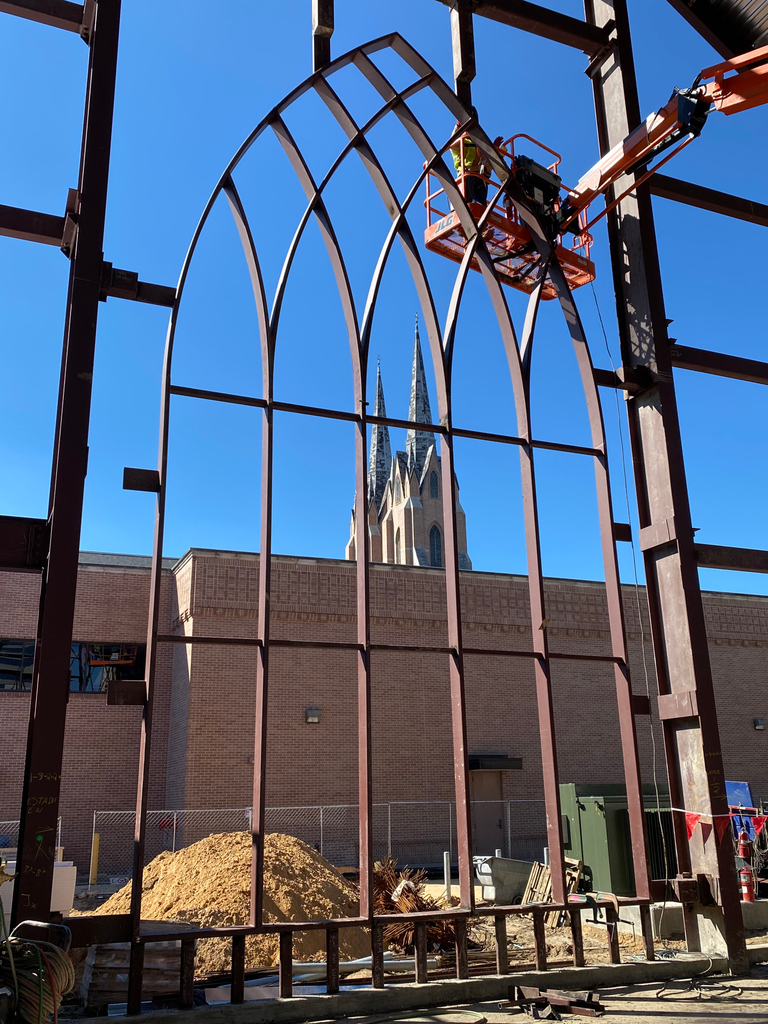jacksonryanarch's tweet photo. The frame for the future stained glass windows at St. Martin's Episcopal Church is taking shape. The overall window opening will be is 16' wide and 32' tall with beautiful stained glass! #jacksonryanarchitects https://t.co/pVe5cQuJlQ