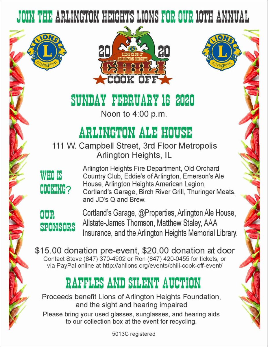 Chilly? Get chili!
The Arlington Heights Lions invite you to their 10th Chili Cook Off benefit.  Join us for a warm meal &amp; a great cause this Sunday from Noon to 4 PM. Call 847.370.4902 or 847.420.0455 or visit bit.ly/2HqiOVb for tickets. Thank you so much!!