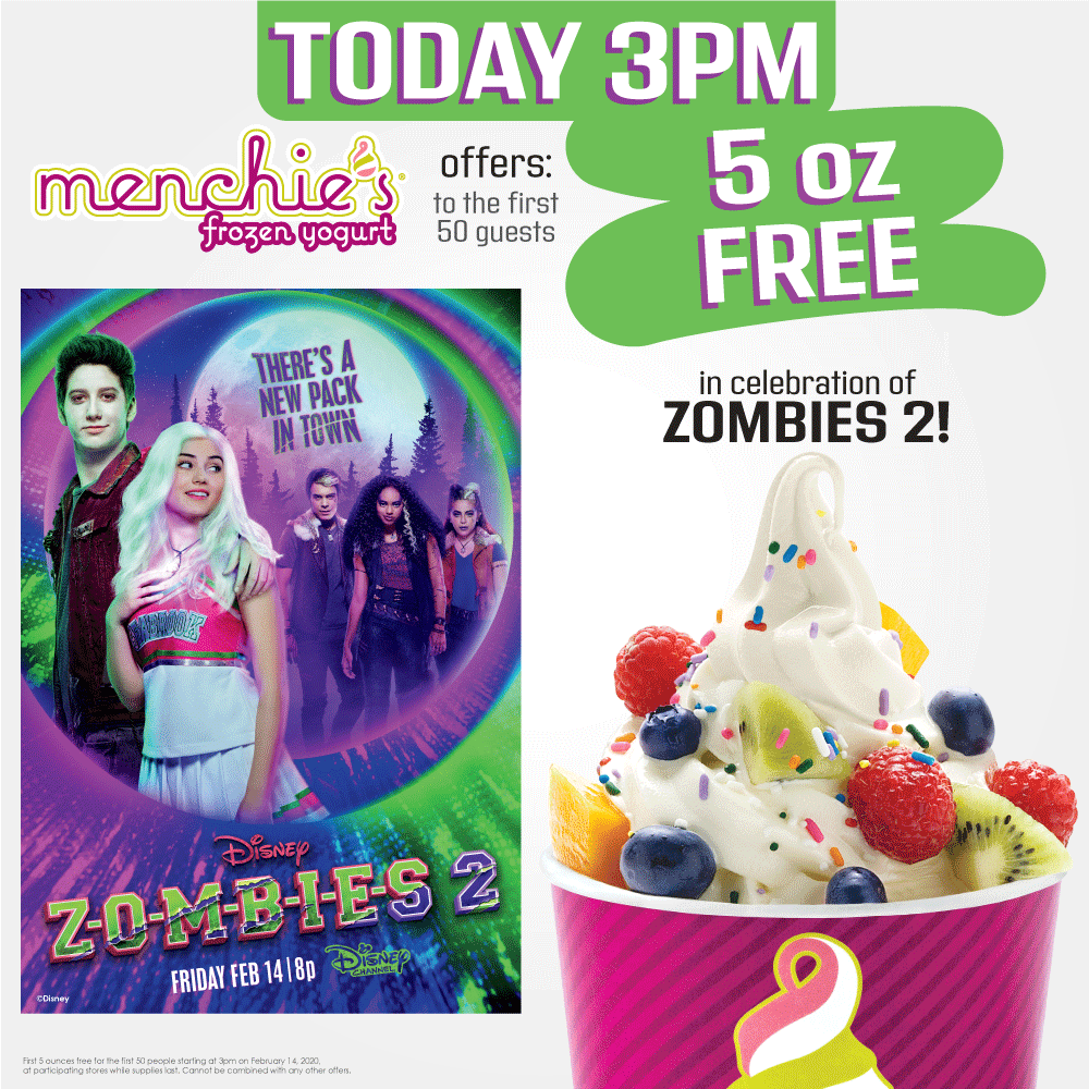 MyMenchies's tweet photo. It’s a #ZombieParty at Menchie’s! Our ZOMBIES 2 movie event is TODAY at 3pm, when our US locations are giving away 5oz of FREE froyo to the first 50 guests in line. And don’t miss ZOMBIES 2 tonight at 8p!

#Zombies2 #DisneyChannel #FreeFroyo #MenchiesZombiesEvent #Froyo #Menchies https://t.co/gG789I9xCb