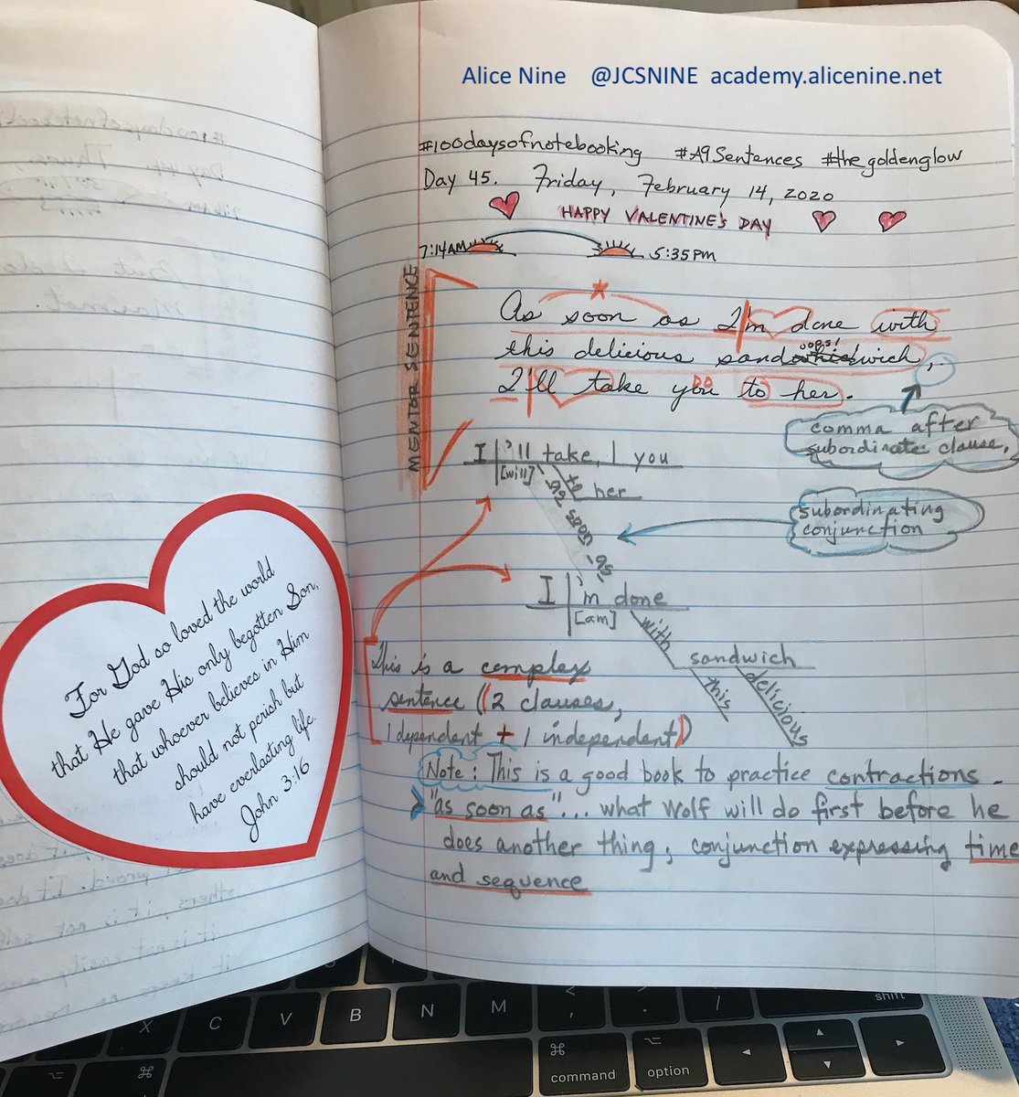 jcsnine's tweet photo. Crafting time and sequence with conjunctions #craftmoves Day 45 of #100daysofnotebooking with #mentorsentences from #thegoldenglow for #A9sentences. Noticing use of contractions to craft the fable. https://t.co/iH1BYuWdEk
