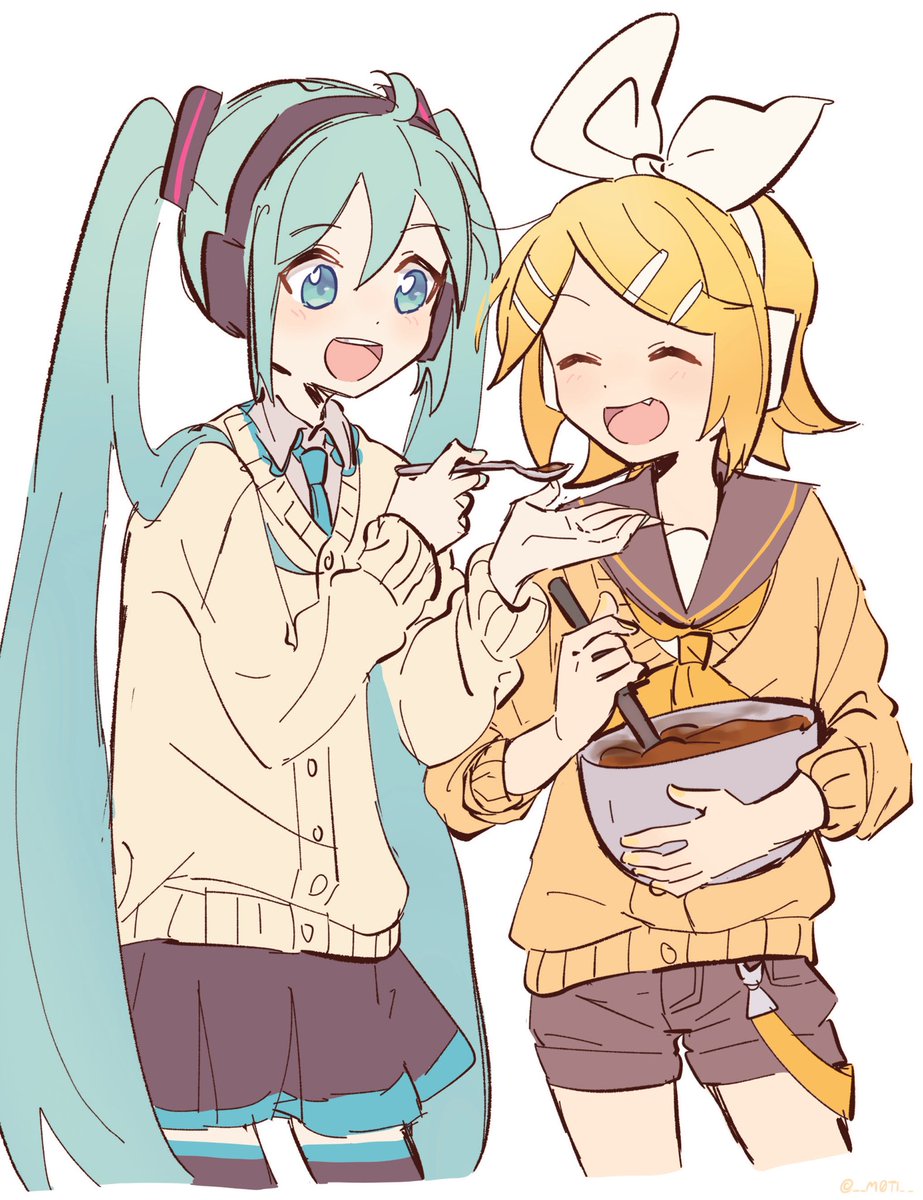 初音ミク ,鏡音リン 「チョコの味見をするミクリンちゃん 」|鏡もちのイラスト