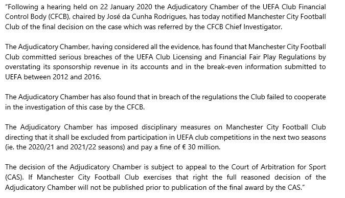 Full details of Man City being banned from Champions League for TWO SEASONS for 'serious breaches' of UEFA financial rules