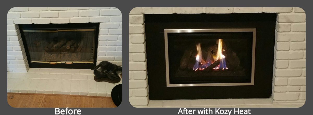Another beautiful #fireplace transformation. Our amazing install team installed a <a href="/kozyheatfire/">kozyheatfireplaces</a> #Chaska25 and now our happy customer has a modern heater instead of a drafty old fireplace!