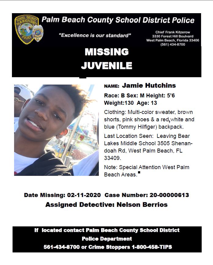 The School District of Palm Beach County on X: School District Police is  asking for your help in locating a missing teenager. Jamie Hutchins, 13 years  old, was last seen leaving Bear