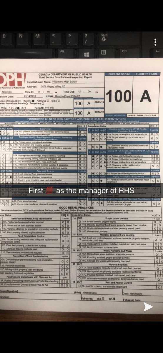 Congratulation to our RHS Cafeteria Staff for their grade of 100 on their food inspection!