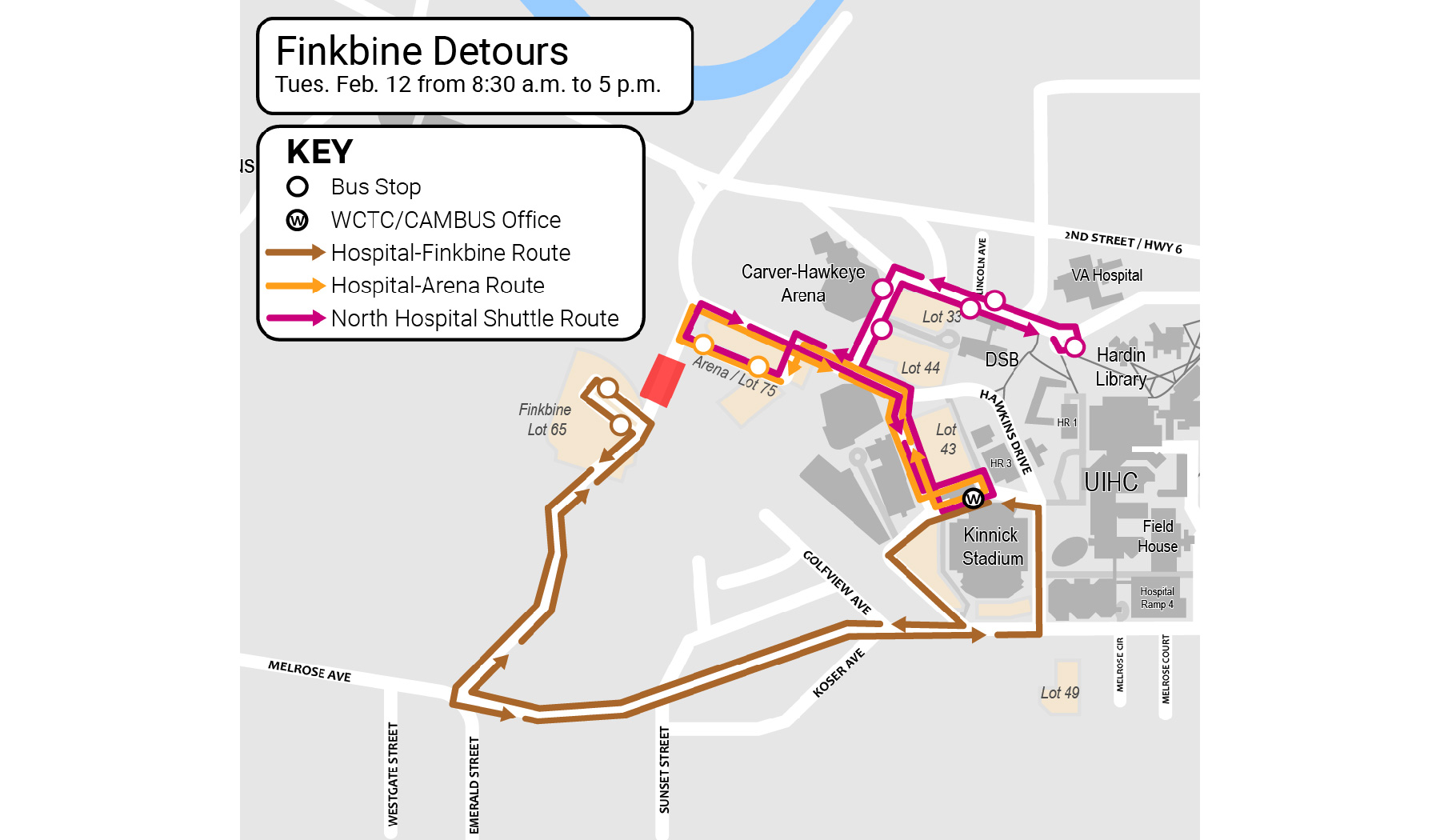 Uiowa cambus on twitter service alert tuesday feb 18 routes serving