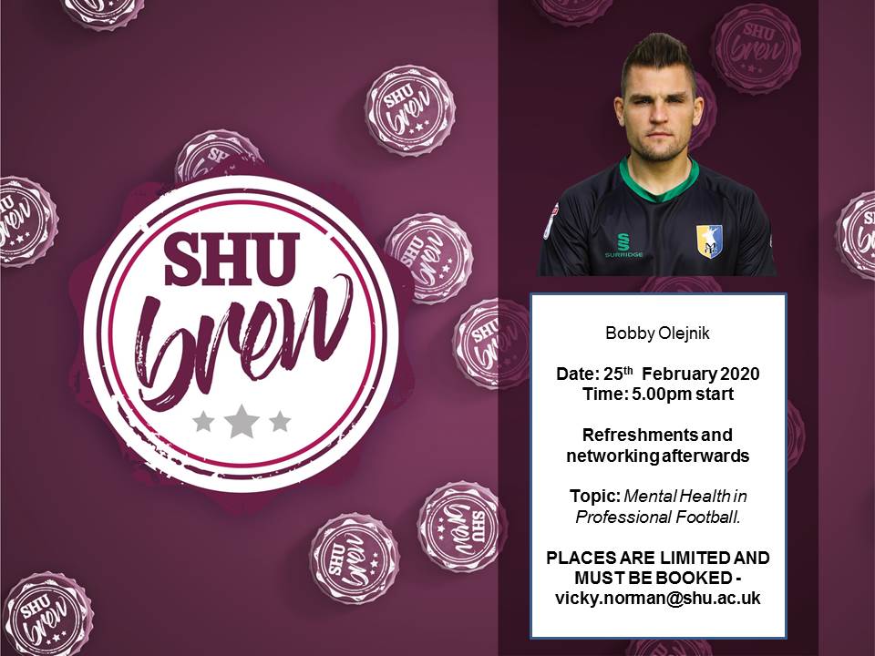 #shubrew number 3...  We are looking forward to welcoming <a href="/BobbyOlejnik/">Bobby Olejnik</a> to <a href="/sheffhallamuni/">Sheffield Hallam University</a> to talk about mental health in professional football. Bookings open now @SHUSportPhysAct #mentalhealth #curiousminds #pizzaandbeer