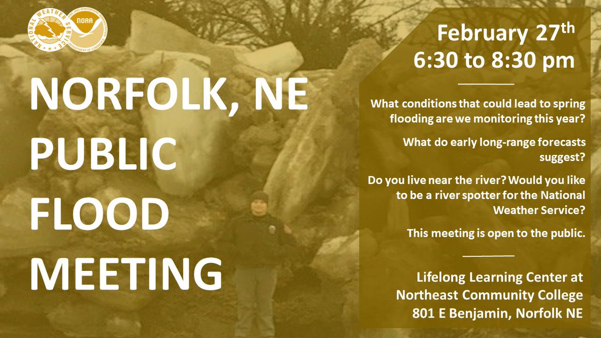 Join us for our next public flood forum. We'll be in Norfolk on February 27th at the Northeast Community College. At this meeting we will present the latest flood conditions and outlook. Hope to see you there.

facebook.com/events/1791399…