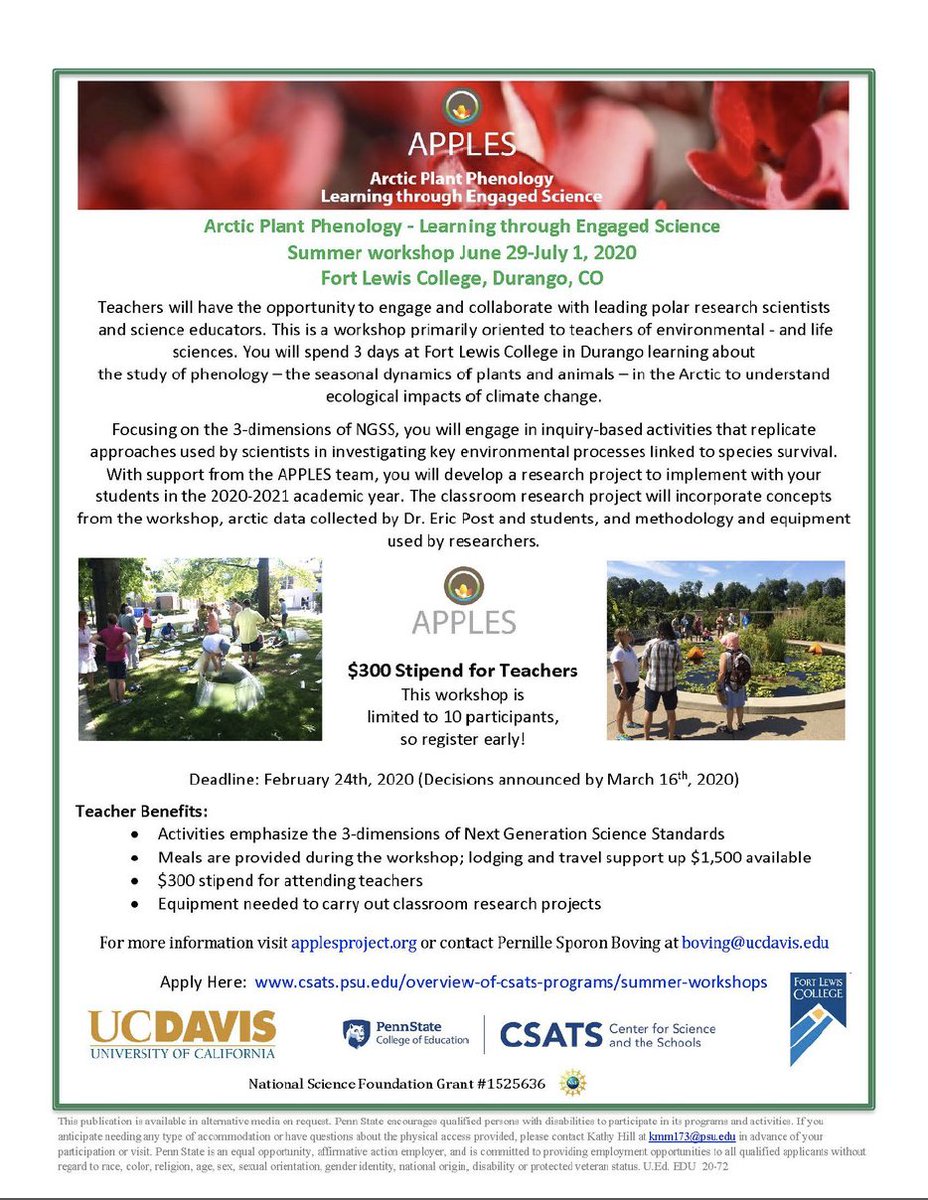 Hello, #phenology enthusiasts! Please help us spread the word about our upcoming APPLES workshop on #arctic #climatechange and plant phenology in lovely Durango, CO @FLCDurango with @heidimountains. Currently seeking applications from K-12 teachers from across the US @USANPN