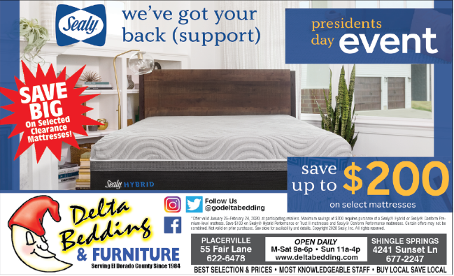 godeltabedding's tweet photo. Sealy Presidents Day Event is going on now!!! Save up to $200 on select Conform and Hybrid mattresses. Visit us in #Placerville and #ShingleSprings this weekend. #ElDoradoCounty https://t.co/vrw1EBPBlD