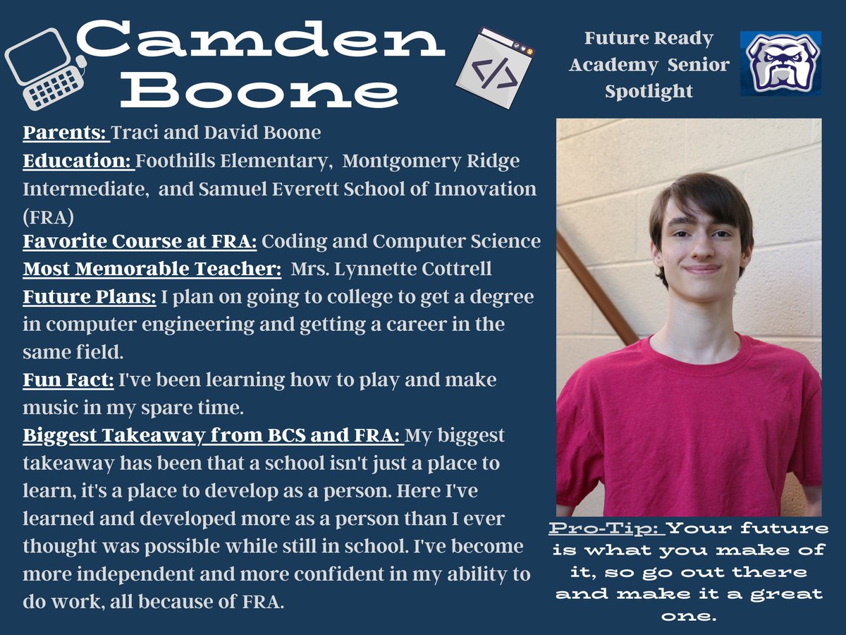 UpperSchoolSESI's tweet image. This week's #FRAseniorspotlight is Camden Boone! Camden discusses what he's gained from the program and some of his plans for the future as we all continue looking forward to #BCSgrad20.  #Classof2020 #BCSrocks