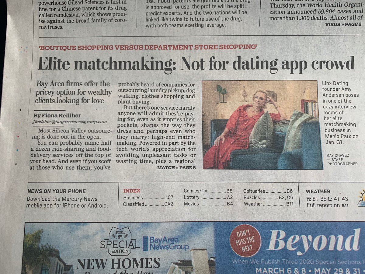 linxdating's tweet photo. Made FRONT page of @mercnews today! Grateful and forever thankful to my awesome clients who prefer Linx over dating apps any darn day! #SiliconValley #alternativetodatingapps #loveisintheair #ValentinesDay2020 #linxdating #moderncupid #elitedating https://t.co/0AFtzIp0up