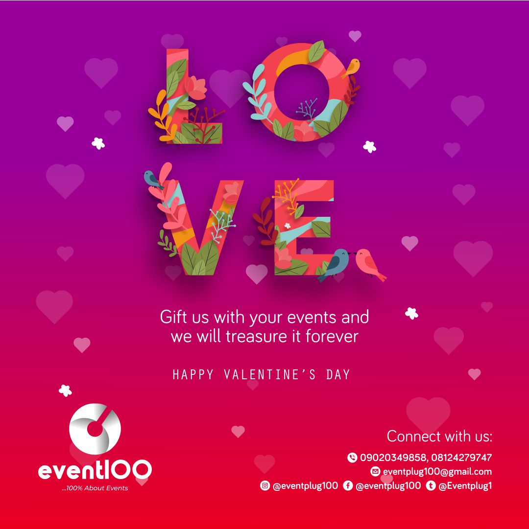 Happy Valentine's day from event100...
Our services are still all about events .
#LoveWithMiAbaga #CostOfLove #ValsDay #FridayThoughts #HappyValentine #ValetinesDay #ValentineWithNobody #GOBE #event100 #event #design #branding #print