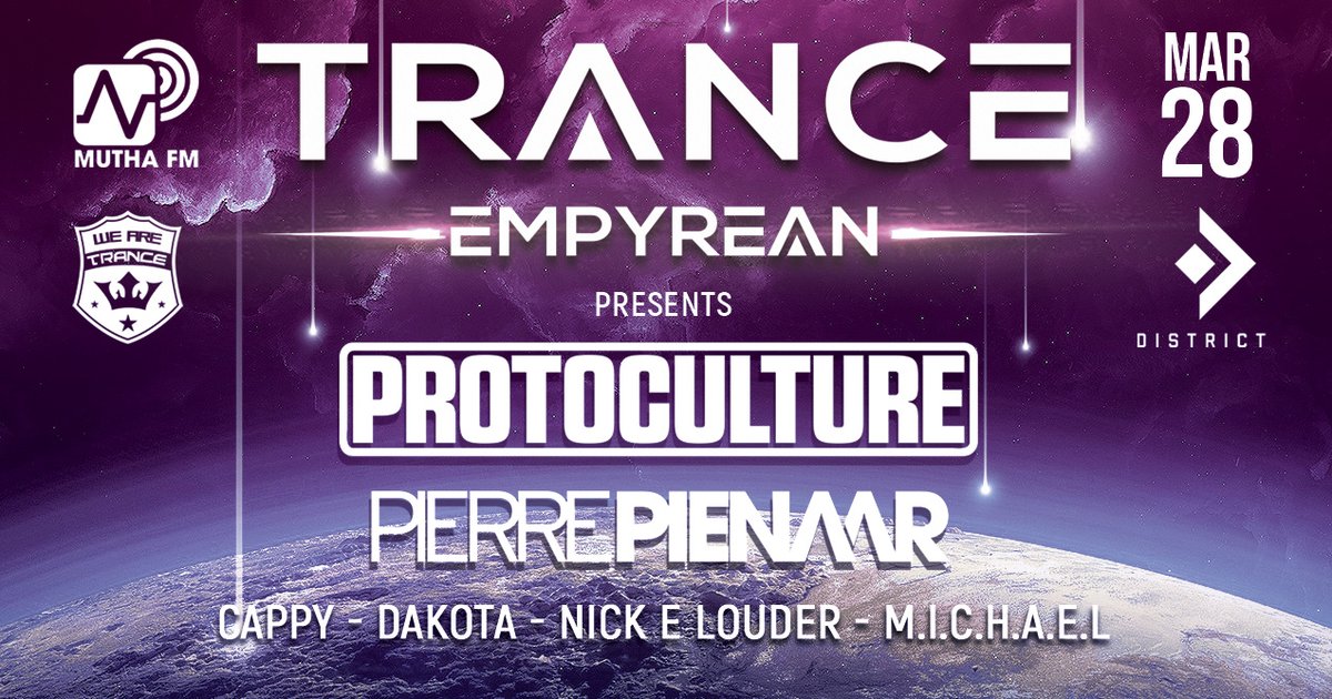 Trance Empyrean, in association with <a href="/WeAreTranceRec/">We Are Trance</a> &amp; <a href="/muthafmradio/">Mutha FM</a>, is launching their first event on 28 March at District Night Club, Cape Town, South Africa. Tickets available at: howler.co.za/tranceempyrean
#trancefamily #trance #team140 #satrancefamily