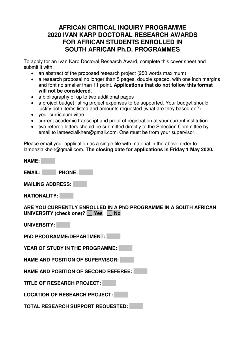 Call for applications: Ivan Karp Doctoral Research Awards for African students enrolled in South African Ph.D. programmes. Closing Date: Friday 1 May 2020
