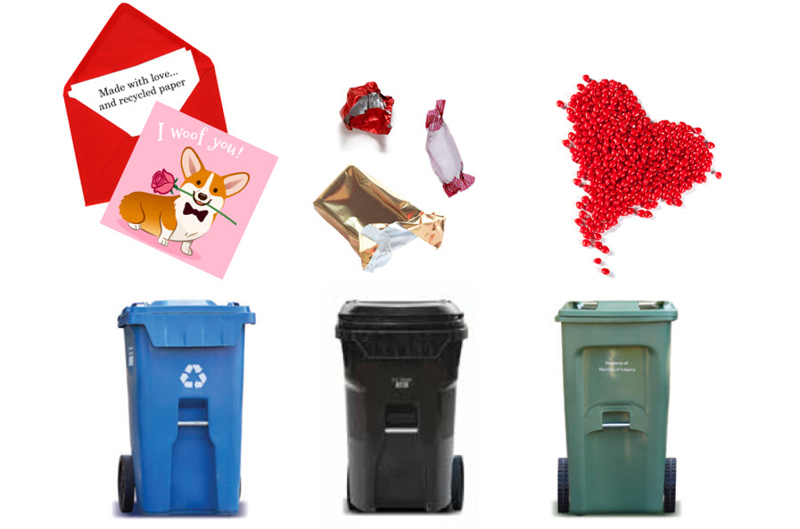This Valentine's day, send some love to Mother Nature by putting your Valentine's goodies in the right bin when you're done with them:

💙Paper cards - blue bin
🖤Candy wrappers - black bin
💚Those dreaded cinnamon hearts - green bin

#yycbluecart | #yycgreencart | #yycblackcart