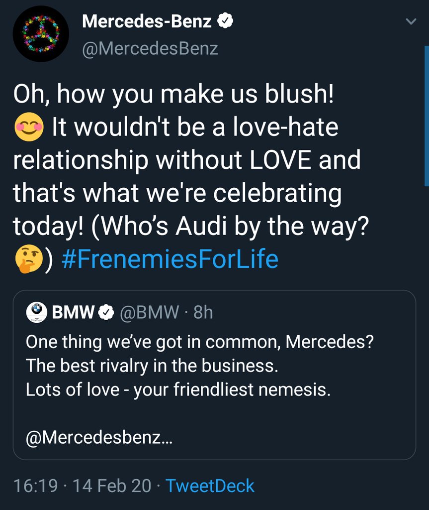 In case you missed the #FrenemiesForLife banter between @MercedesBenz, @BMW and @Audi ...
Can't you just love how they are? #ValentinesDay
#TheBestOrNothing #TheUltimateDrivingMachine #VorsprungDurchTechnik https://t.co/AFmMqJnzzX