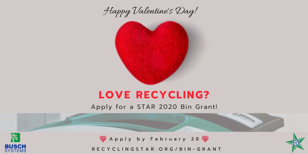 recyclingSTAR's tweet photo. #HappyValentinesDay, recyclers! ♻️💚

#STAR's 2020 #BinGrants close just 2 weeks from today—Friday, Feb. 28! 💘

Four #Texas #schools #smallbusinesses #nonprofits, etc., could win $1800 of new #recyclingbins! ♻️🗑️

👉 https://t.co/6ybCYQt3KW

Sponsored by @BuschSystems 
#recycle https://t.co/Y7e73mVCbq