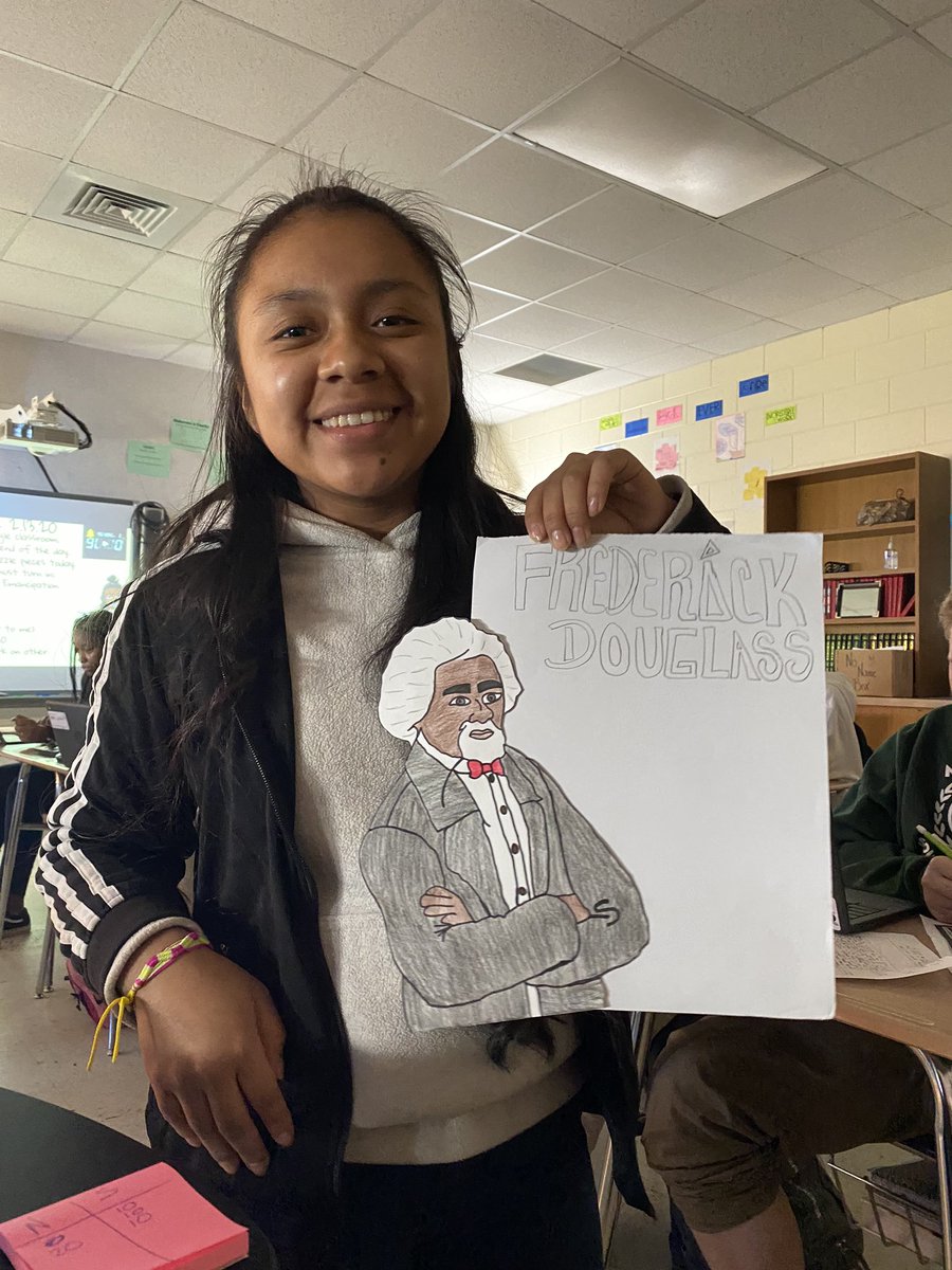 5ftTeacher's tweet photo. In class today we are working on either a Wanted Poster or a Hero Plaque! This lovely lady decided to create an Abolitionist Award for Frederick Douglass. I can’t wait to see the finished product! https://t.co/933rUwa7RG