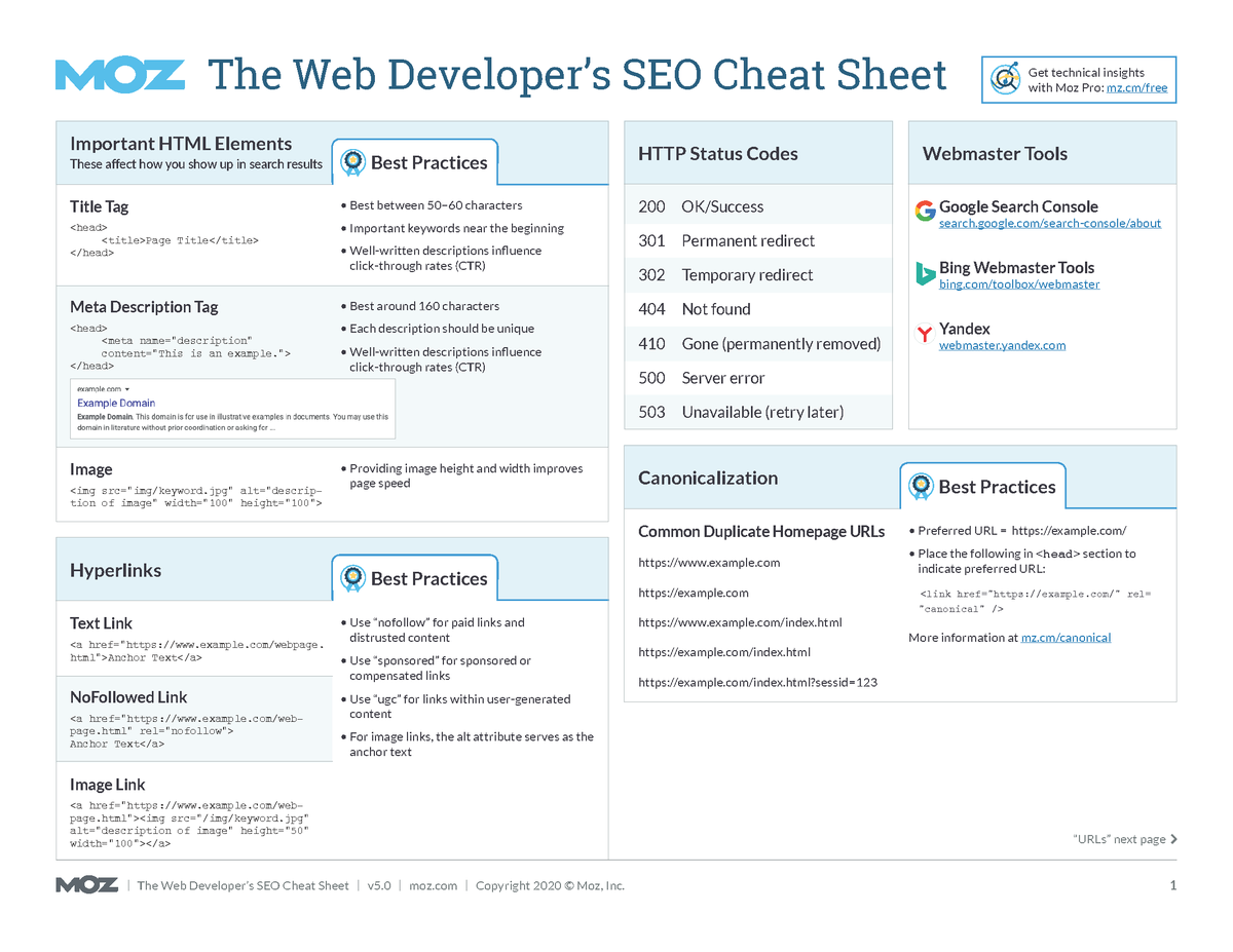 randfish's tweet image. The Web Developer&apos;s SEO Cheat Sheet: moz.com/learn/seo/seo-…

Updated for 2020 by @BritneyMuller, this is a superb resource.

Side note: So many offices I visited during my years in SEO had hung up a printout of the old version on a wall. Loved that it helped so many folks.