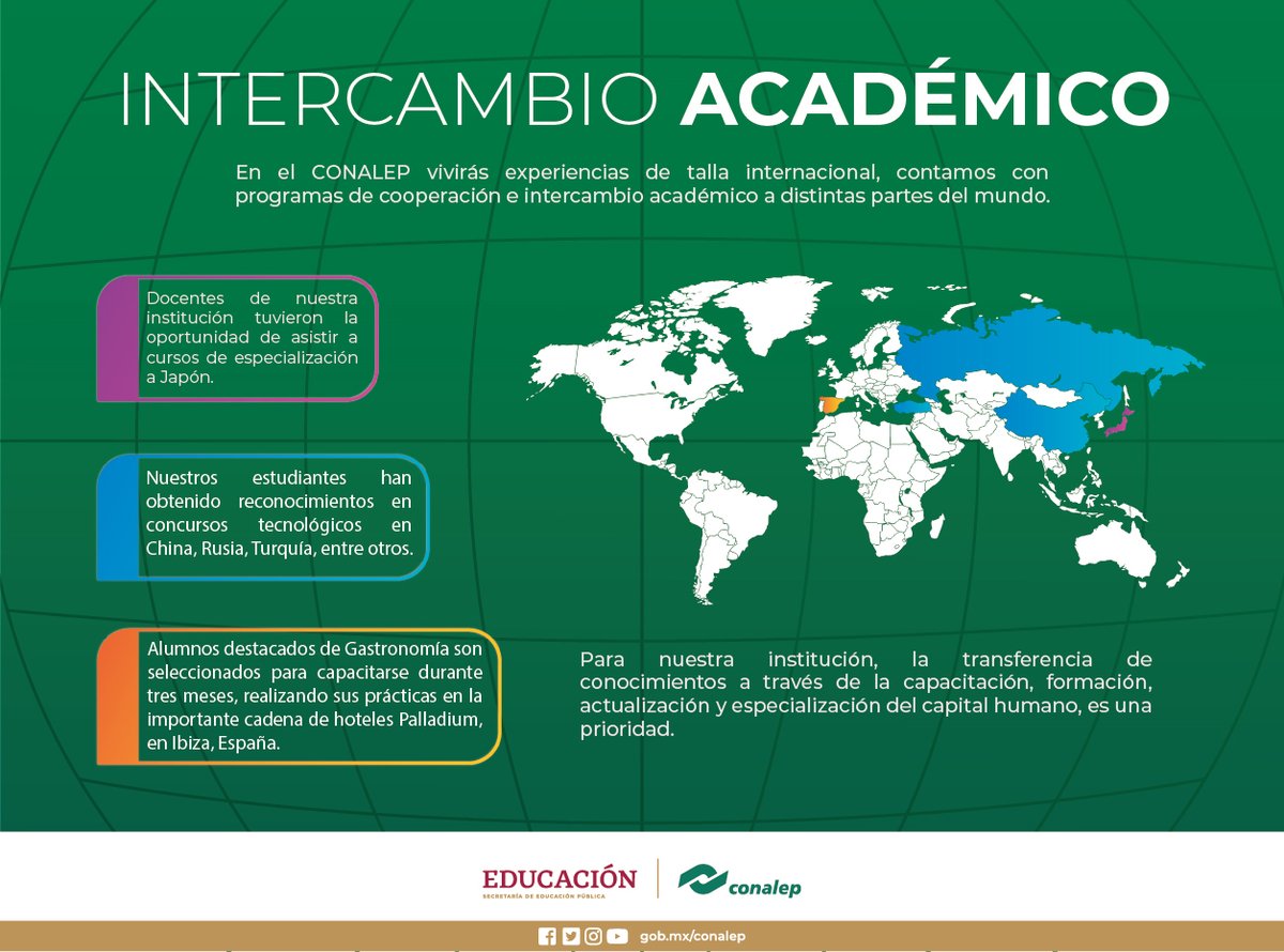 ¿Sabías que en el CONALEP contamos con programas de intercambio académico?
Forma parte de nuestra institución y vive grandes experiencias en el extranjero.

¡Esto es CONALEP!