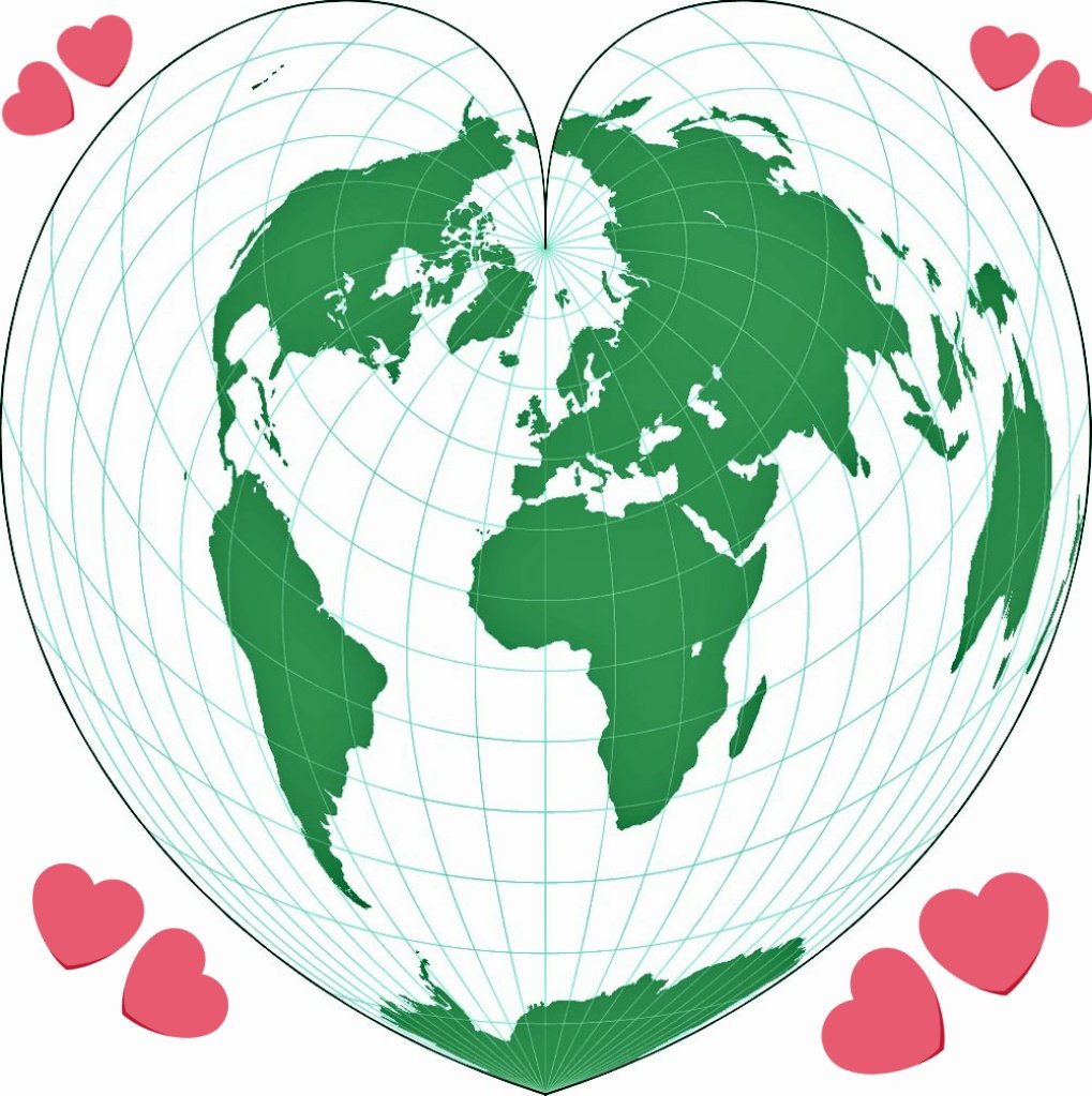 Happy #Valentines from the GIS Center at @FIULibraries. The Werner projection is pseudoconic equal area map projection. Why do we like it you ask? It displays the Earth as a #heart 🤍🤎♥️💙💚💛💝 Who says mapping can't be fun? #gischat #GIS #map
