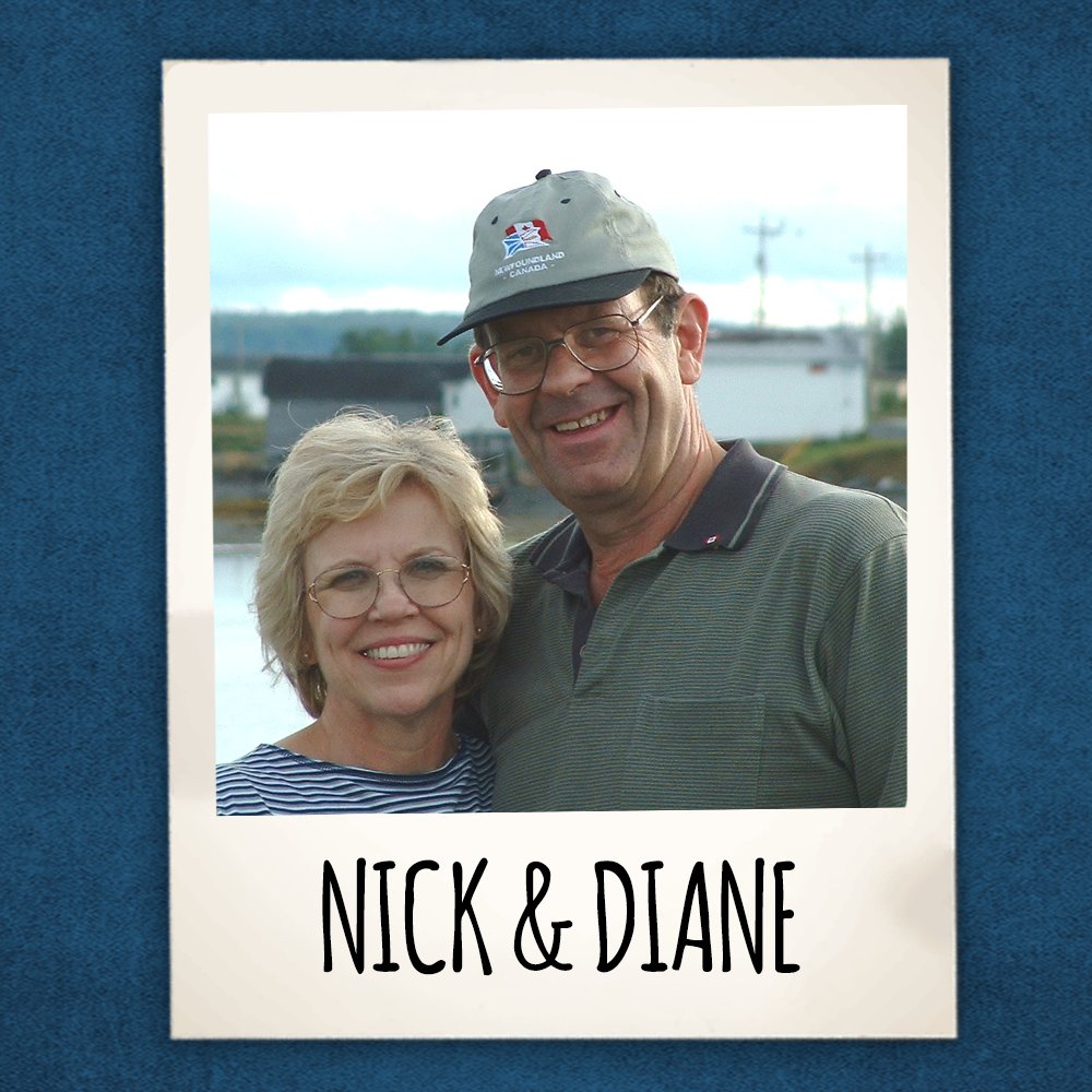 The real Nick and Diane in an animated polaroid frame in front of a blue background