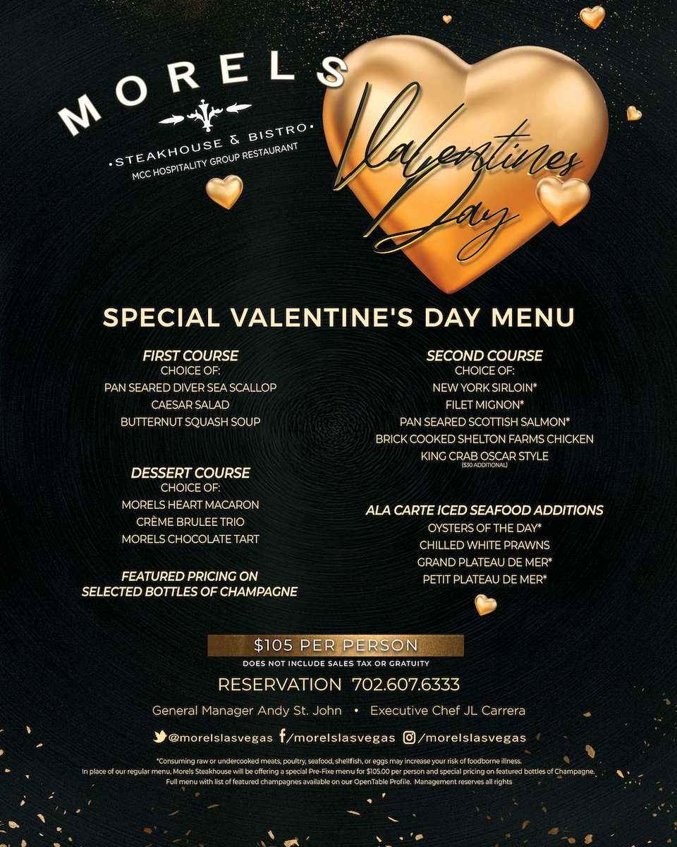 MorelsLasVegas's tweet photo. Still need dinner plans for tonight ? Give us a call and join us for our Valentine’s day dinner menu  from 4 p.m-11 p.m.  
.
📞: (702) 607-6333 https://t.co/h3DRYLvK2H