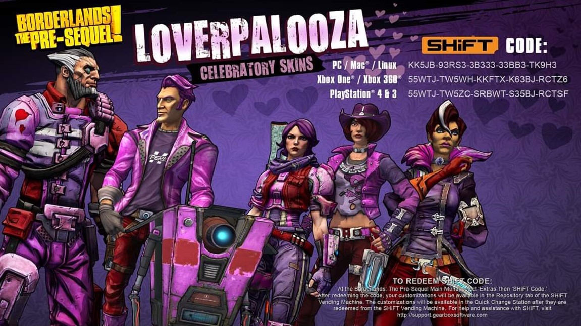øje stå Hvad Borderlands on Twitter: "Show your Vault Hunters some love with these  reactivated Borderlands 2 and Borderlands: The Pre-Sequel Loverpalooza SHiFT  Codes! Codes expire Thursday, February 20 at 11:59pm PT.  https://t.co/KHW1mJDfLT" / Twitter