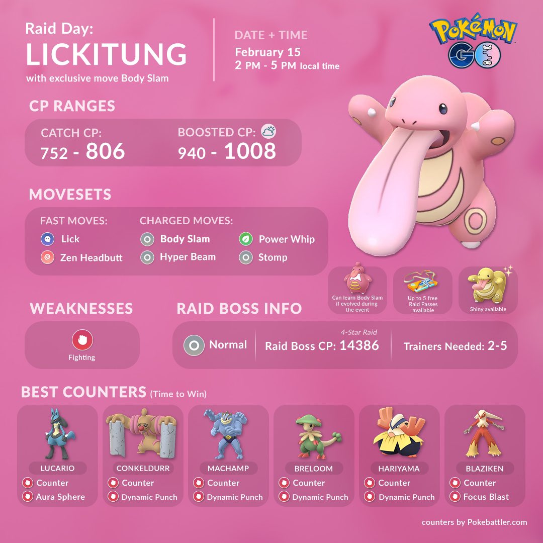 Couple of Gaming on Twitter: "Prepare your counters for tomorrow's #Lickitung Raid Day Keep in mind it will be 4-star raid tomorrow. 💪🏻 Also if you evolve to a #