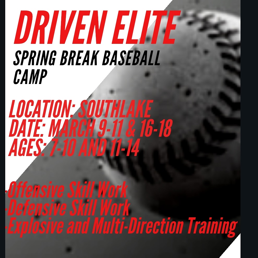 Baseball Spring Break Camp
March 9th- 11th and 16th -18th 
$100/week or $50 drop in 
Ages 7-10 10am-12pm 
Ages 11-14 12pm-2pm
-Offensive Skill Work 
-Defensive Skill Work
-Explosive and Multi-Direction Training
.Register at Drivenelite.net. 
.##baseball #mlb #sports